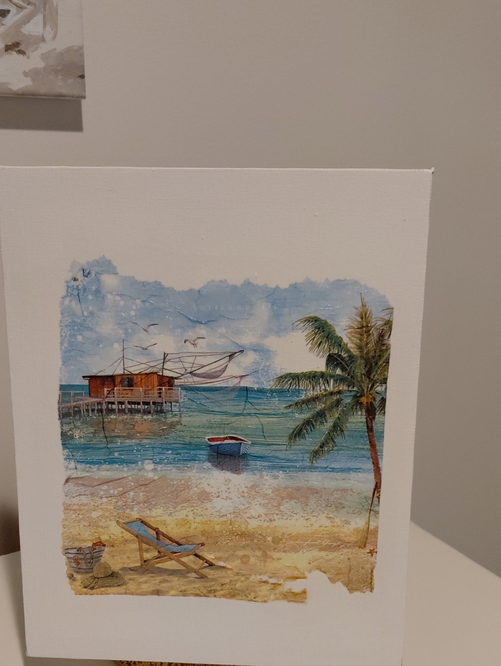 Coastal Beach Scene Canvas Art in Blue and Tan Decoupaged